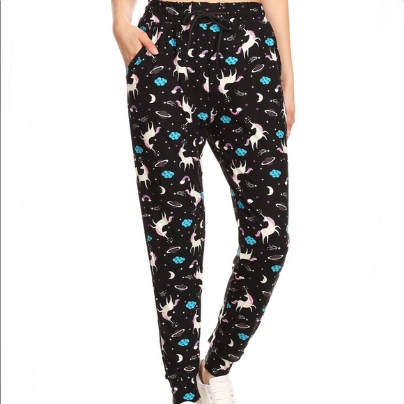 New! Unicorn Print/Black Super Soft Joggers - Picture 3 of 10